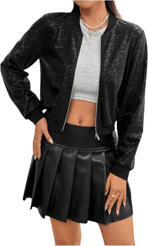 MakeMeChic Women's Metallic Holographic Crop Jacket Long Sleeve Baseball Collar Zip Up Bomber Jackets