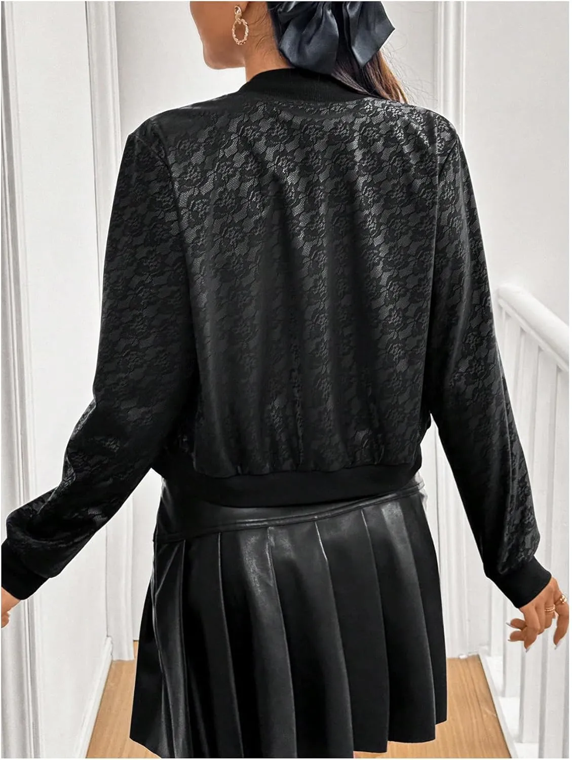 MakeMeChic Women's Metallic Holographic Crop Jacket Long Sleeve Baseball Collar Zip Up Bomber Jackets