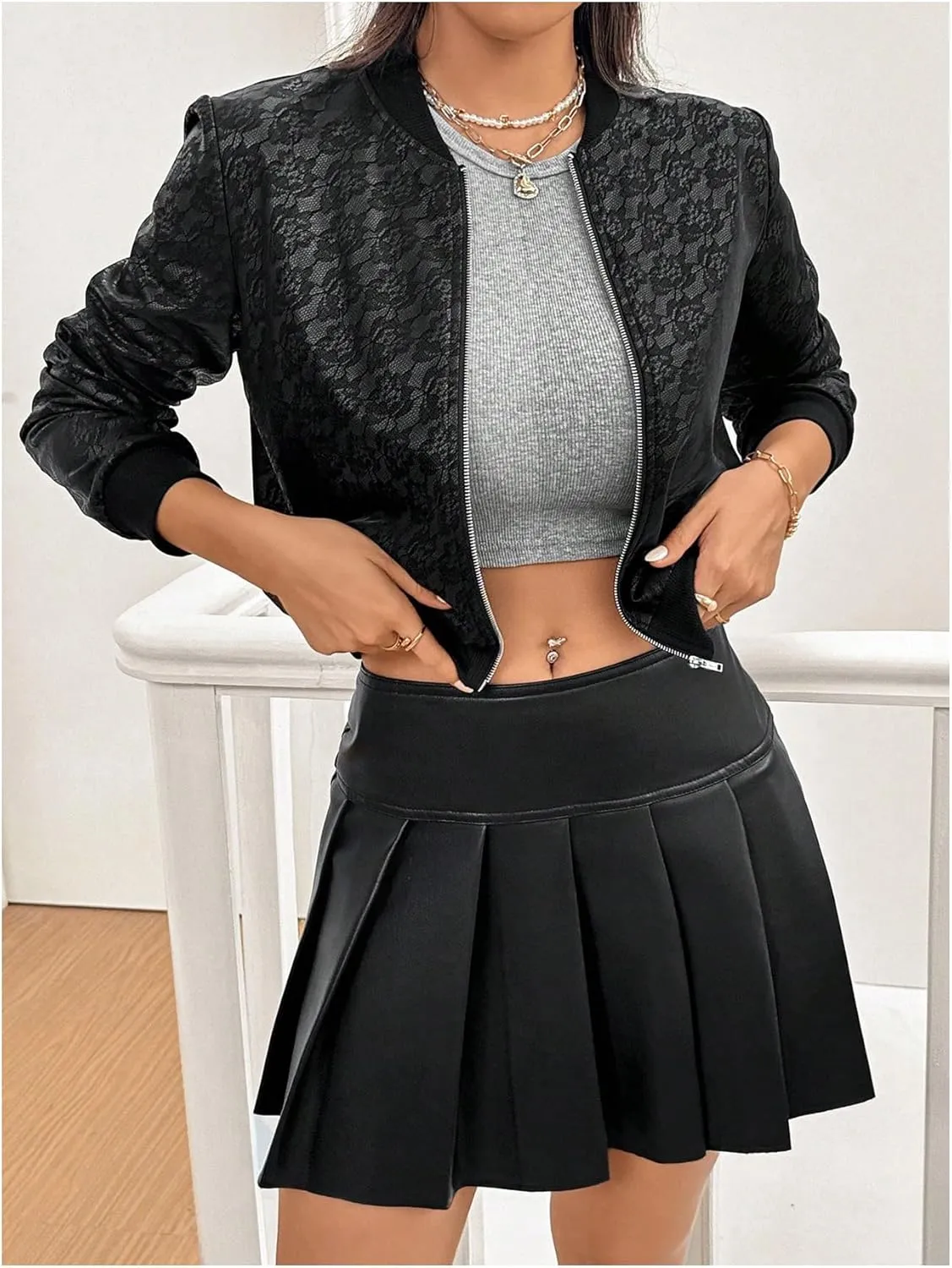 MakeMeChic Women's Metallic Holographic Crop Jacket Long Sleeve Baseball Collar Zip Up Bomber Jackets