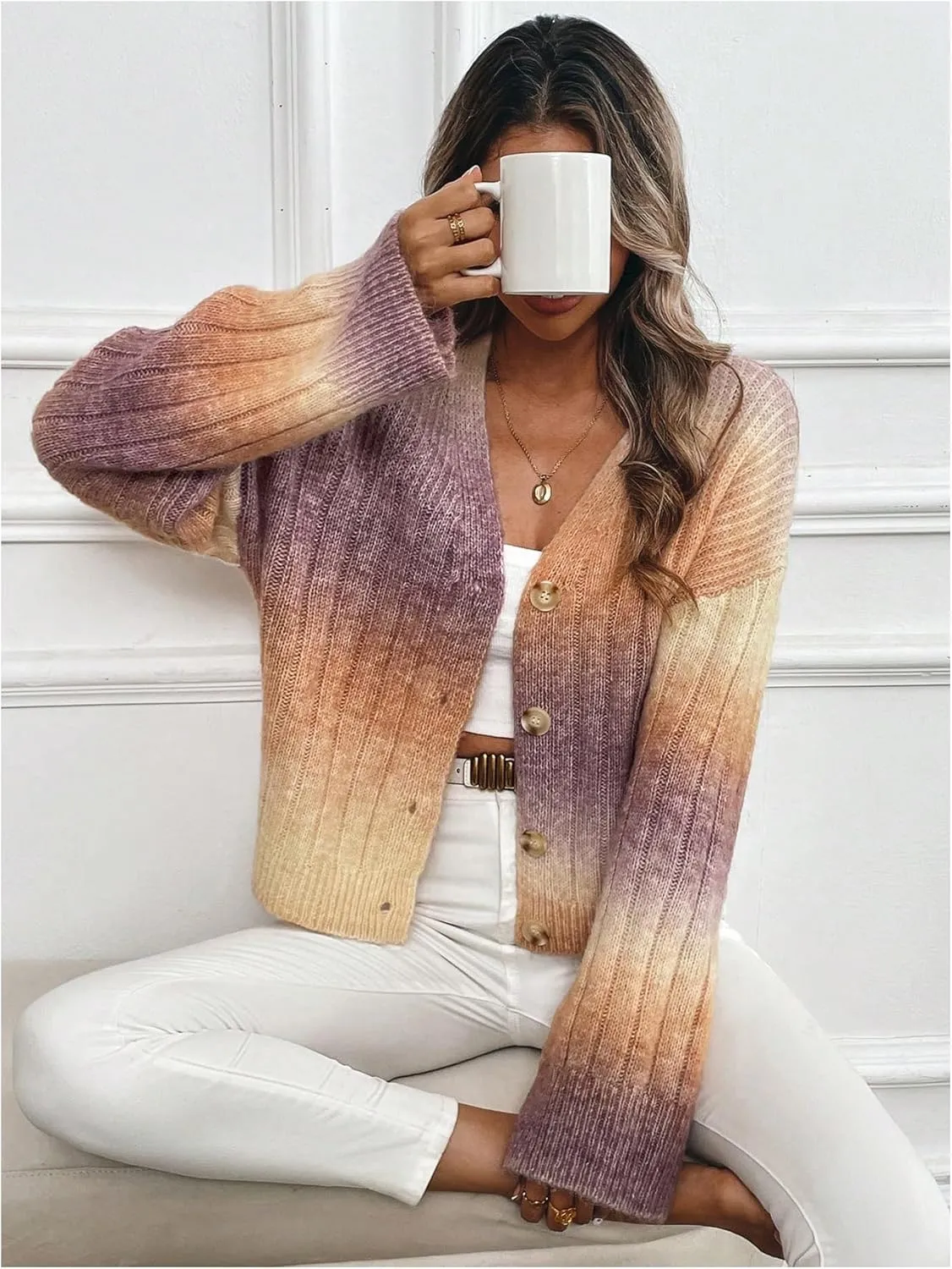 MakeMeChic Women's Ombre V Neck Colorful Cardigan Sweaters Button Down Long Sleeve Drop Shoulder Rainbow Outerwear