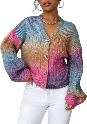 MakeMeChic Women's Ombre V Neck Colorful Cardigan Sweaters Button Down Long Sleeve Drop Shoulder Rainbow Outerwear