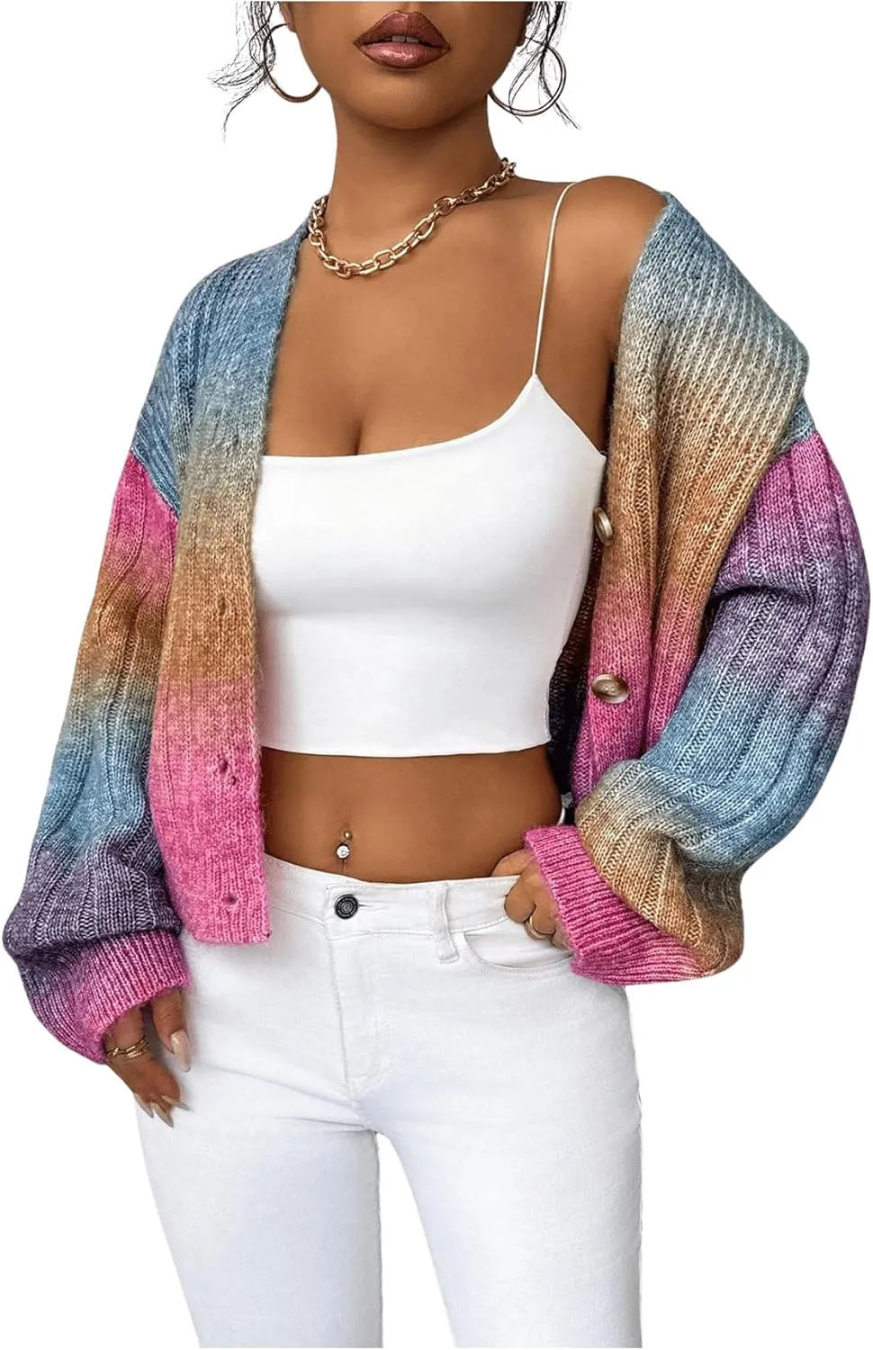 MakeMeChic Women's Ombre V Neck Colorful Cardigan Sweaters Button Down Long Sleeve Drop Shoulder Rainbow Outerwear