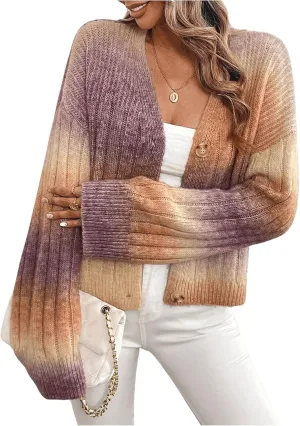 MakeMeChic Women's Ombre V Neck Colorful Cardigan Sweaters Button Down Long Sleeve Drop Shoulder Rainbow Outerwear