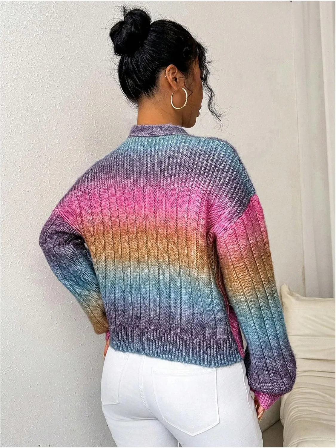 MakeMeChic Women's Ombre V Neck Colorful Cardigan Sweaters Button Down Long Sleeve Drop Shoulder Rainbow Outerwear