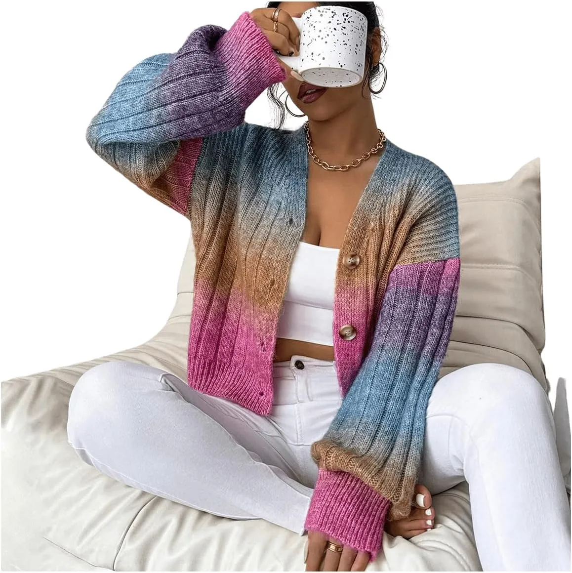 MakeMeChic Women's Ombre V Neck Colorful Cardigan Sweaters Button Down Long Sleeve Drop Shoulder Rainbow Outerwear