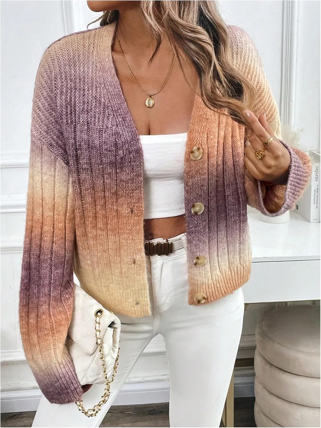 MakeMeChic Women's Ombre V Neck Colorful Cardigan Sweaters Button Down Long Sleeve Drop Shoulder Rainbow Outerwear
