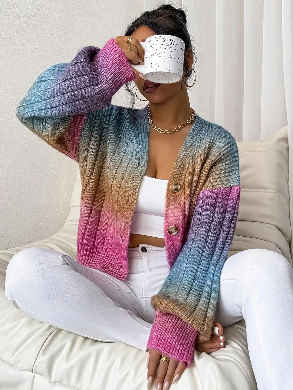 MakeMeChic Women's Ombre V Neck Colorful Cardigan Sweaters Button Down Long Sleeve Drop Shoulder Rainbow Outerwear