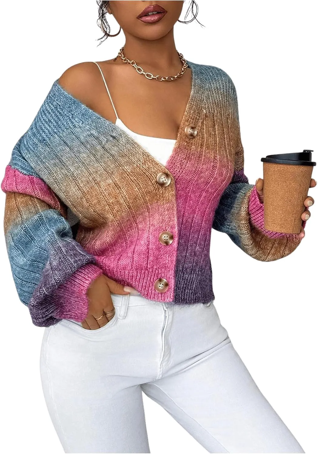 MakeMeChic Women's Ombre V Neck Colorful Cardigan Sweaters Button Down Long Sleeve Drop Shoulder Rainbow Outerwear