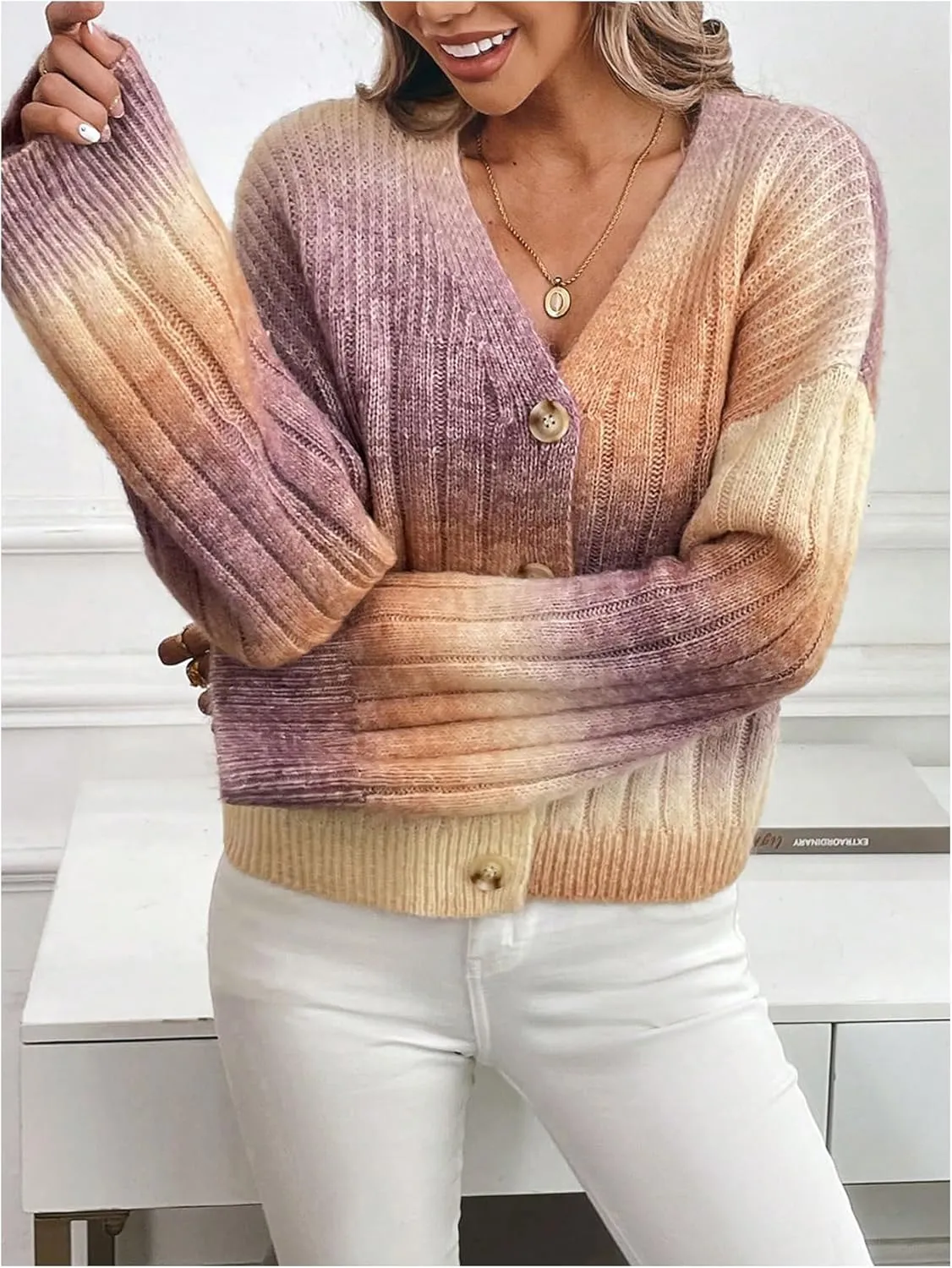 MakeMeChic Women's Ombre V Neck Colorful Cardigan Sweaters Button Down Long Sleeve Drop Shoulder Rainbow Outerwear