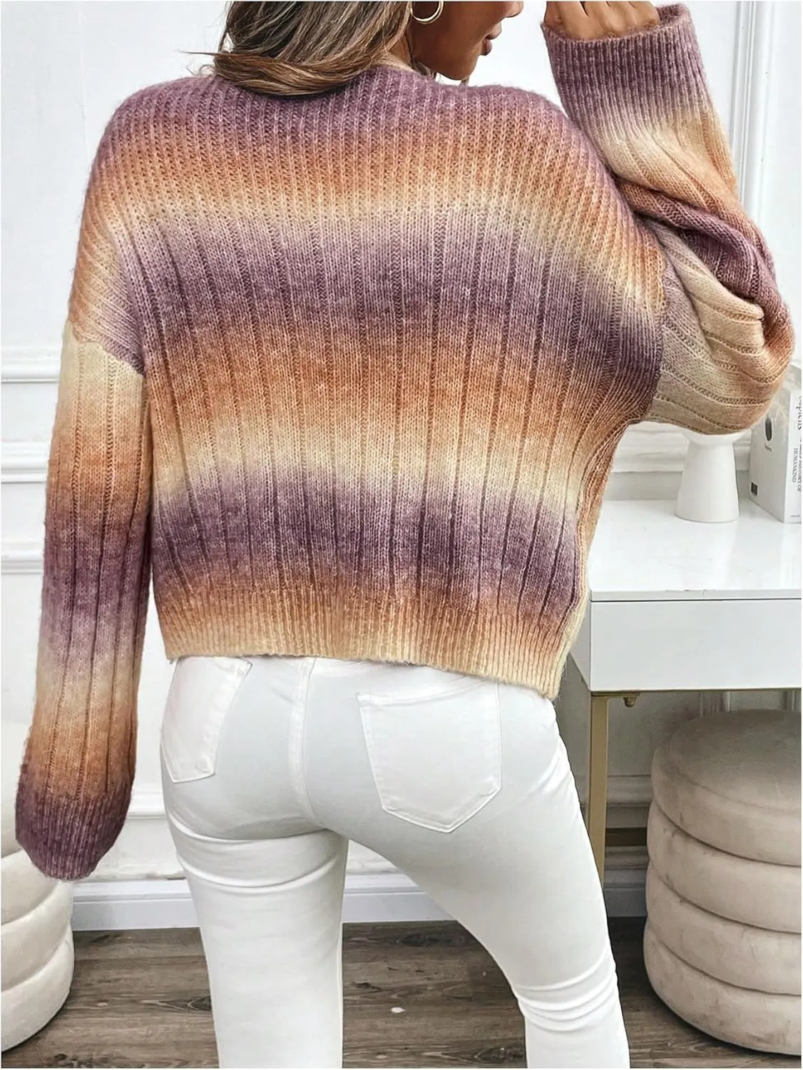 MakeMeChic Women's Ombre V Neck Colorful Cardigan Sweaters Button Down Long Sleeve Drop Shoulder Rainbow Outerwear