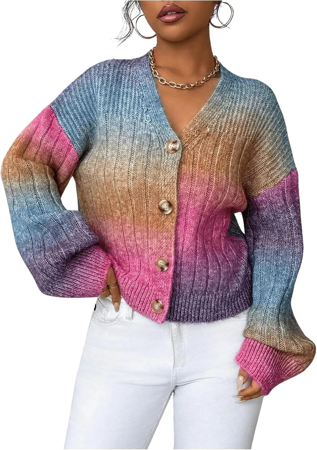 MakeMeChic Women's Ombre V Neck Colorful Cardigan Sweaters Button Down Long Sleeve Drop Shoulder Rainbow Outerwear