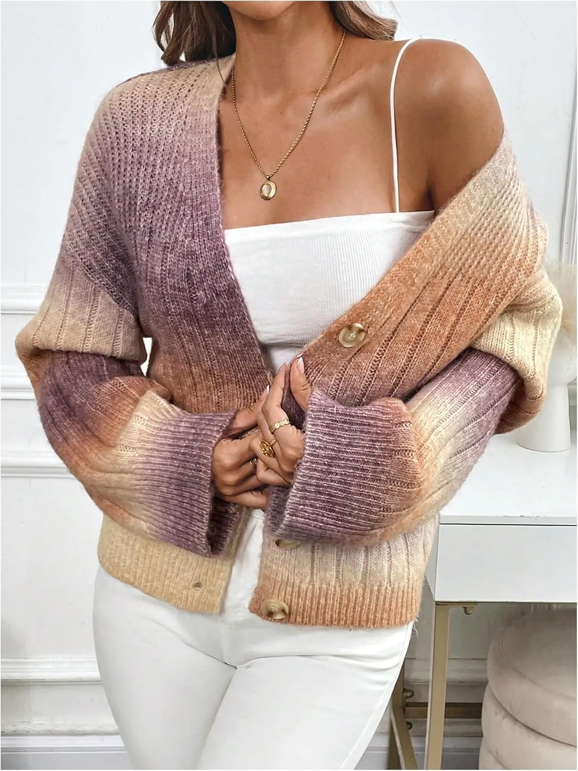 MakeMeChic Women's Ombre V Neck Colorful Cardigan Sweaters Button Down Long Sleeve Drop Shoulder Rainbow Outerwear