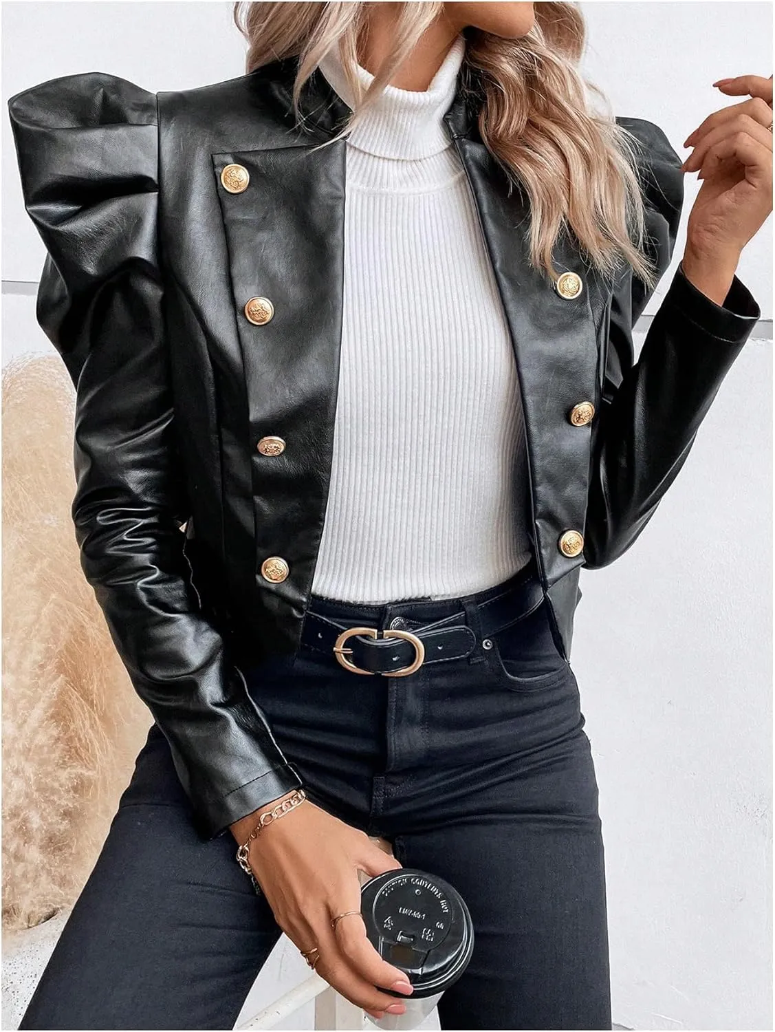 MakeMeChic Women's Open Front Gigot Long Sleeve Leather Jacket Button Decor Blazer Jackets