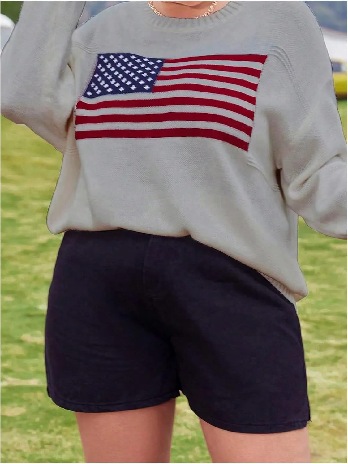 MakeMeChic Women's Plus Size American Flag Sweater Long Sleeve Crew Neck Knitted Fall Sweaters