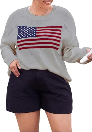 MakeMeChic Women's Plus Size American Flag Sweater Long Sleeve Crew Neck Knitted Fall Sweaters