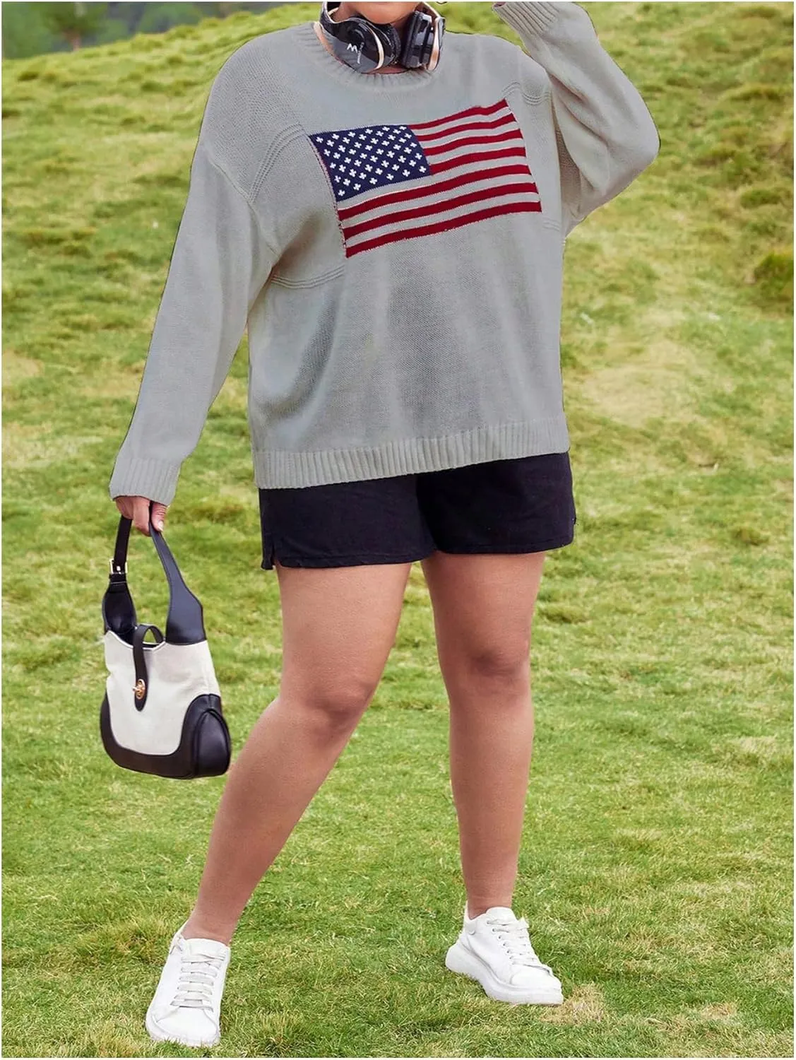 MakeMeChic Women's Plus Size American Flag Sweater Long Sleeve Crew Neck Knitted Fall Sweaters