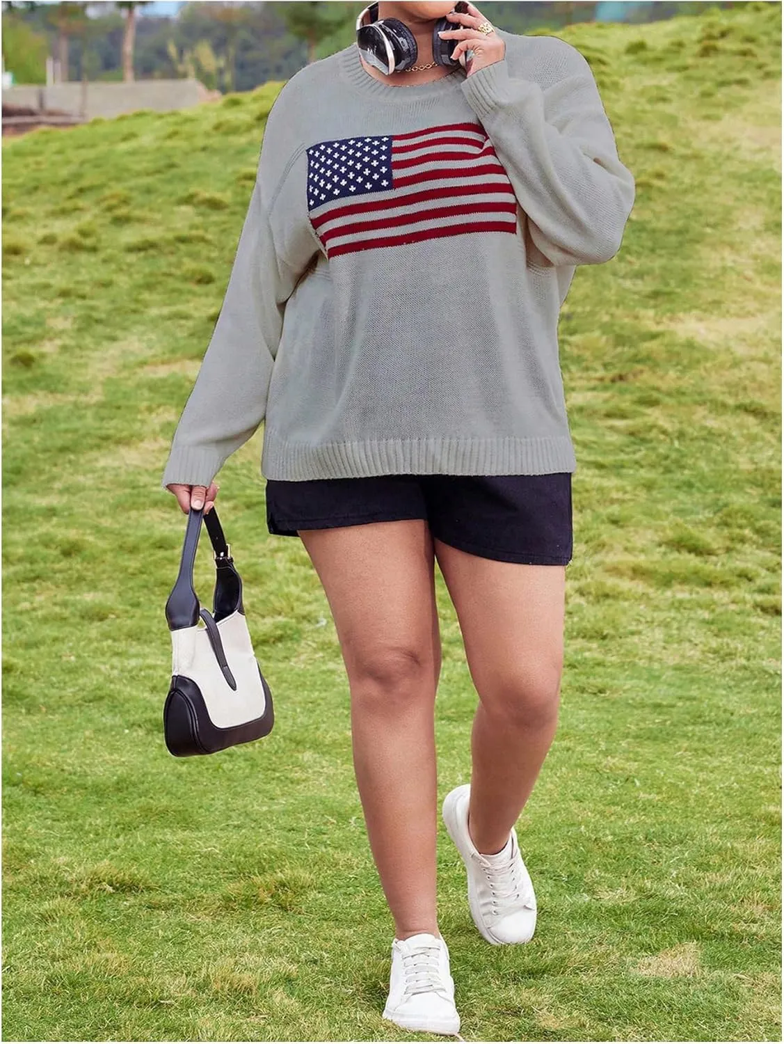 MakeMeChic Women's Plus Size American Flag Sweater Long Sleeve Crew Neck Knitted Fall Sweaters
