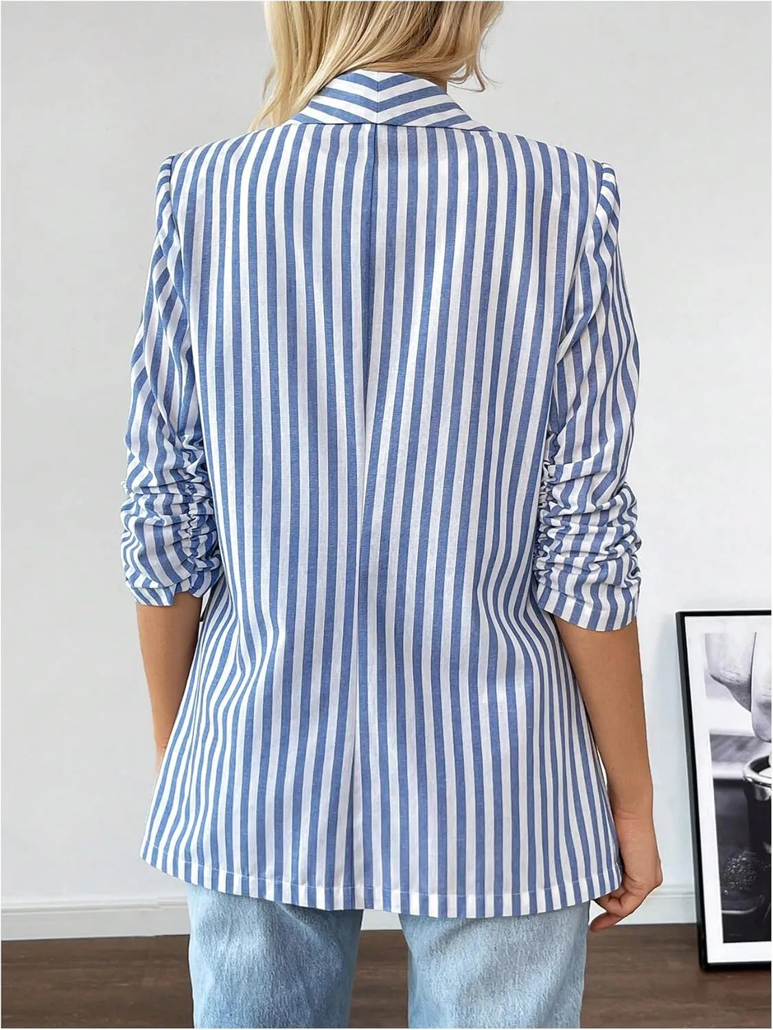 MakeMeChic Women's Striped Lapel Open Front Blazer 3/4 Sleeve Work Office Blazer Jackets