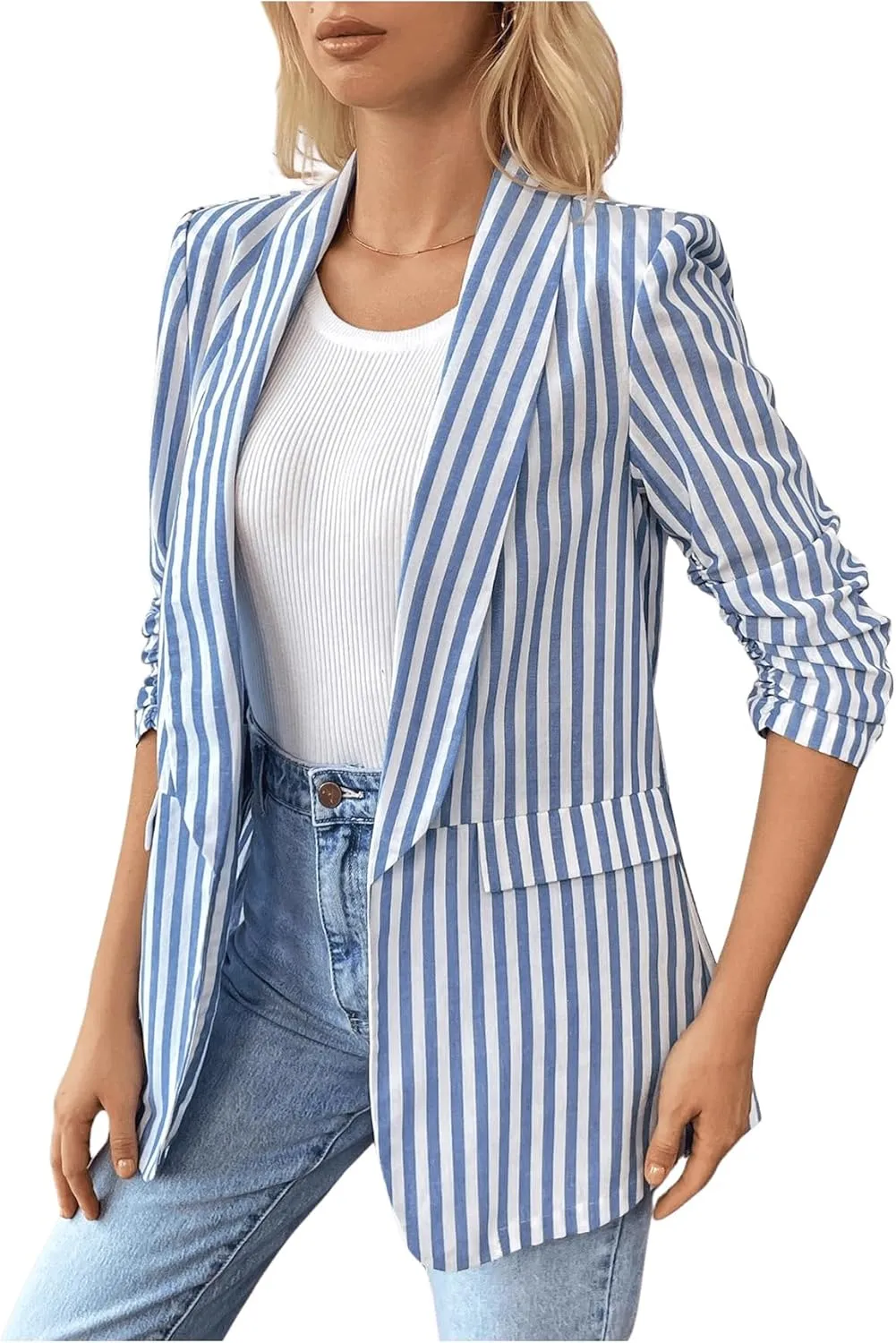 MakeMeChic Women's Striped Lapel Open Front Blazer 3/4 Sleeve Work Office Blazer Jackets