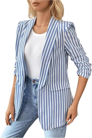 MakeMeChic Women's Striped Lapel Open Front Blazer 3/4 Sleeve Work Office Blazer Jackets