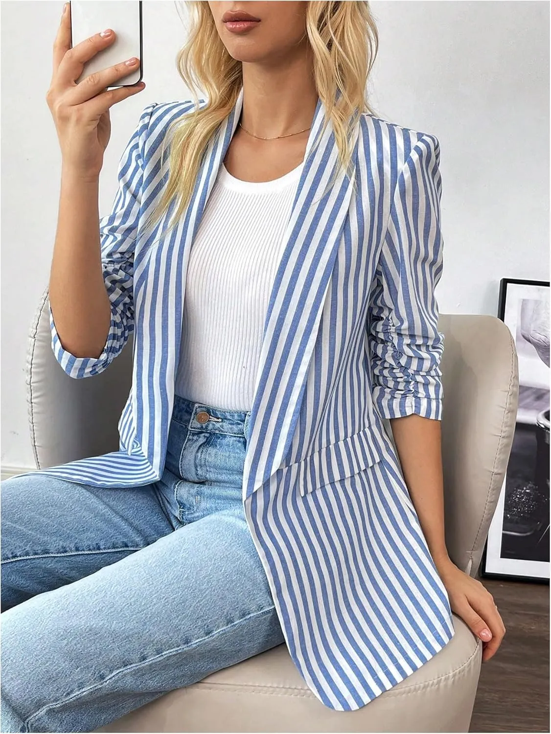 MakeMeChic Women's Striped Lapel Open Front Blazer 3/4 Sleeve Work Office Blazer Jackets