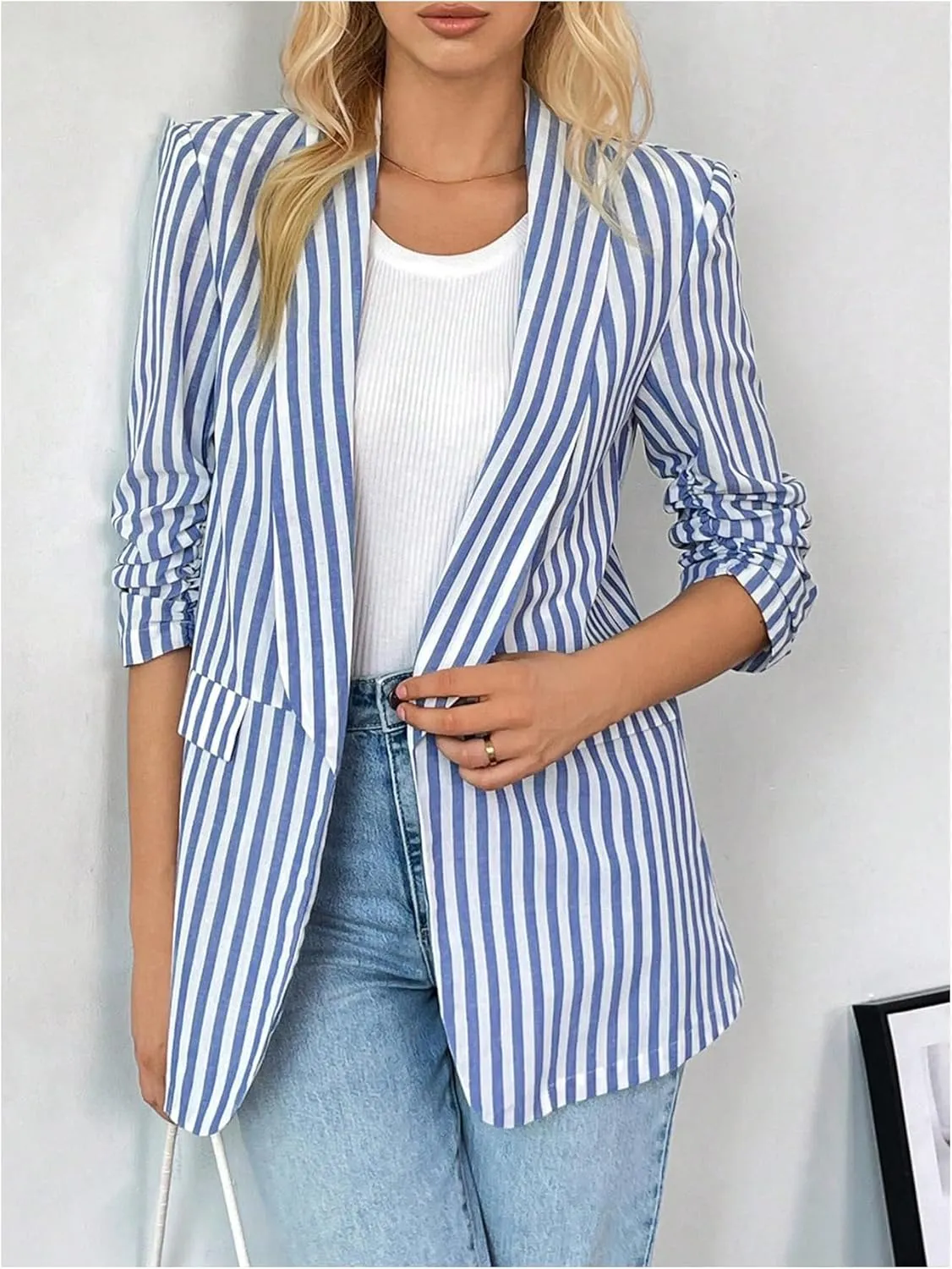 MakeMeChic Women's Striped Lapel Open Front Blazer 3/4 Sleeve Work Office Blazer Jackets