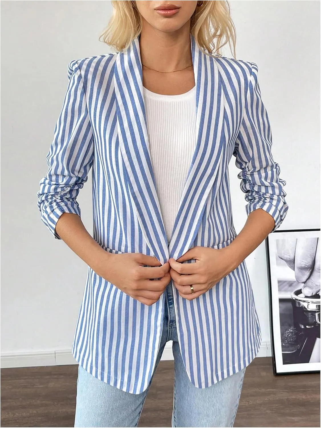 MakeMeChic Women's Striped Lapel Open Front Blazer 3/4 Sleeve Work Office Blazer Jackets