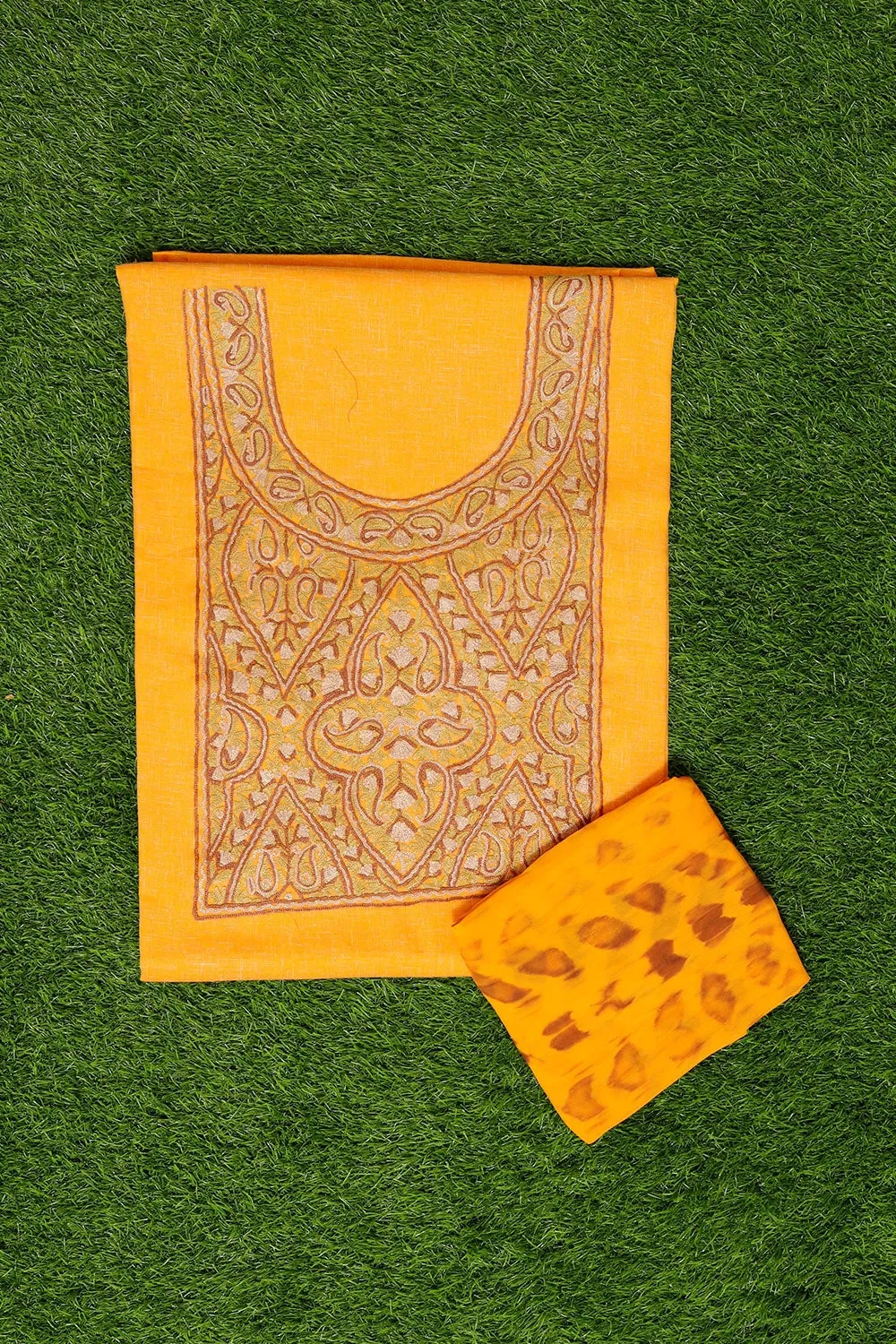 Mango Yellow Colour Cotton Suit With Beautiful Kashmiri Embroidery Definitely Add Elegance.