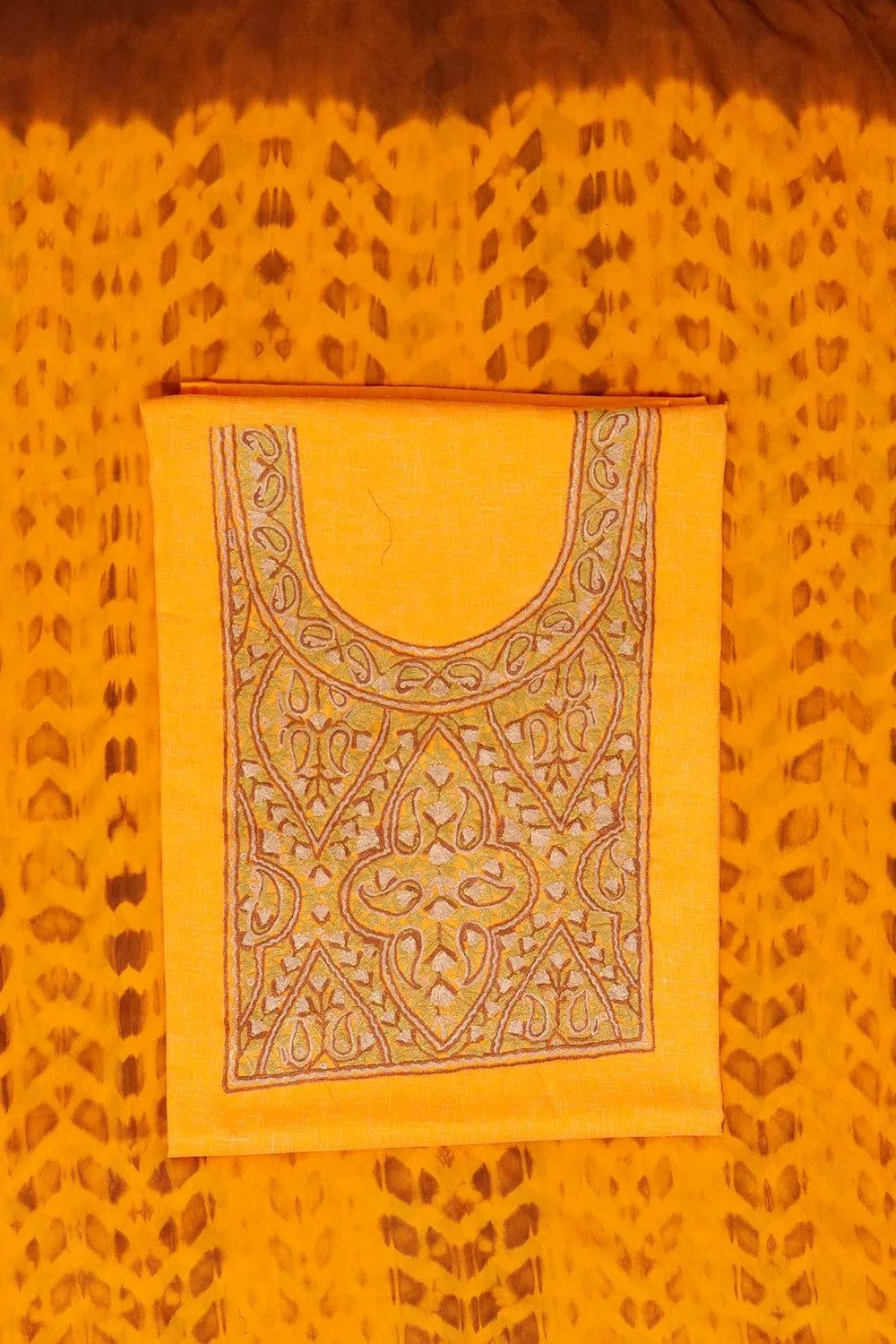 Mango Yellow Colour Cotton Suit With Beautiful Kashmiri Embroidery Definitely Add Elegance.