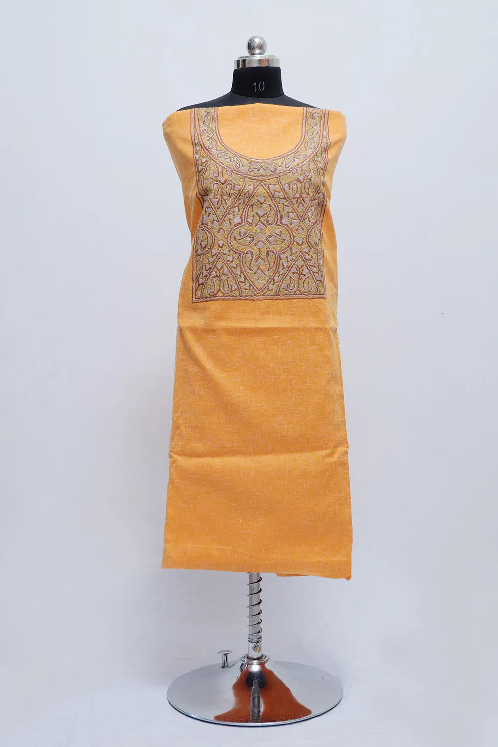 Mango Yellow Colour Cotton Suit With Beautiful Kashmiri Embroidery Definitely Add Elegance.