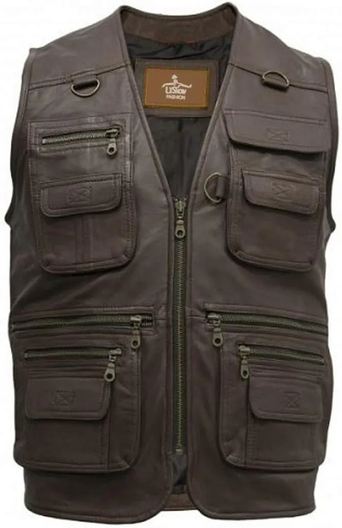man's Hunting Fishing Riding Climbing Pockets Biker Motorcycle stylish Genuine Brown Lambskin leather vest