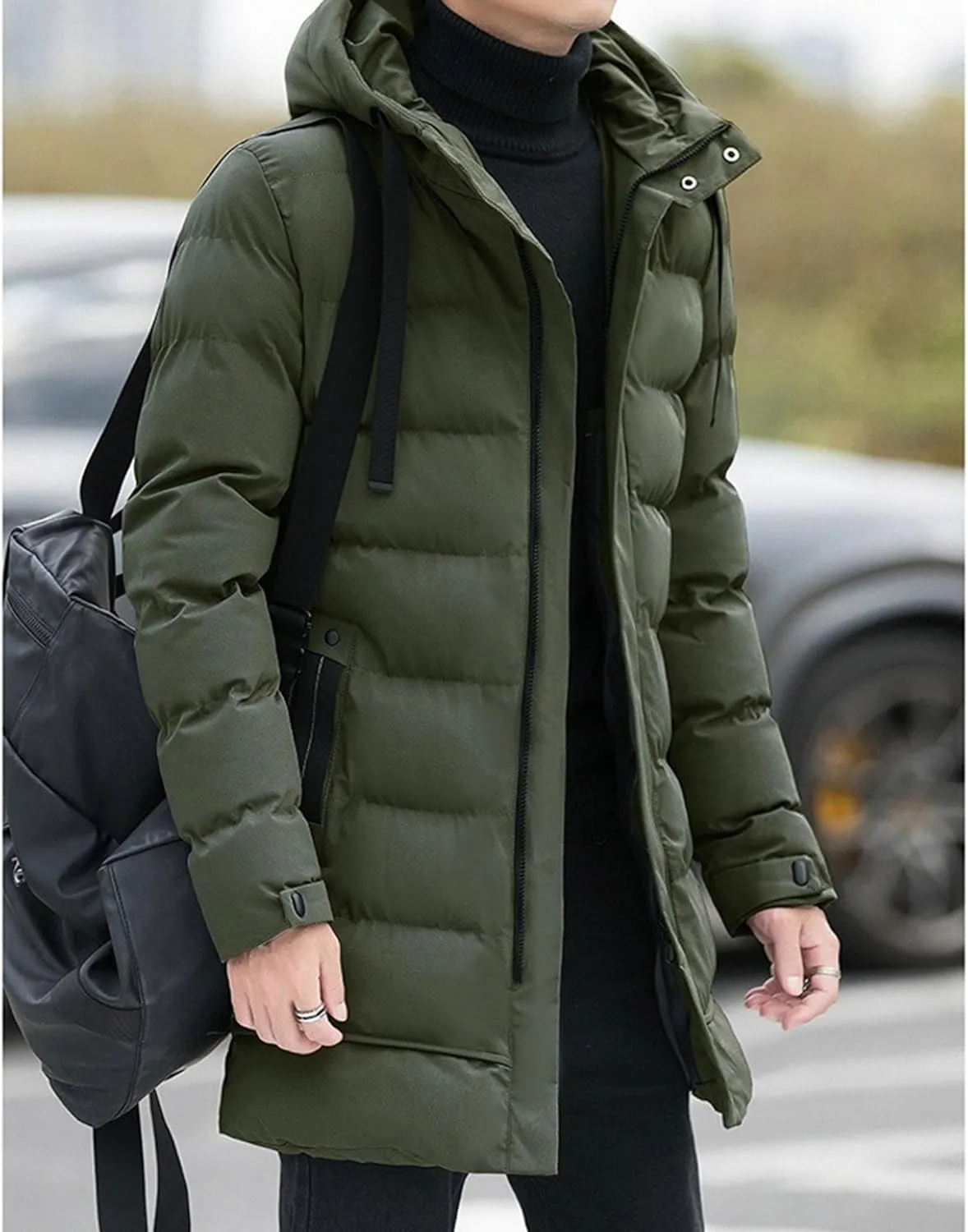 Men Mid Long Hooded Outdoor Down Coat Tour Climbs Warm Cotton-Padded Jacket High Latitudes Trendy Zipper Outerwear