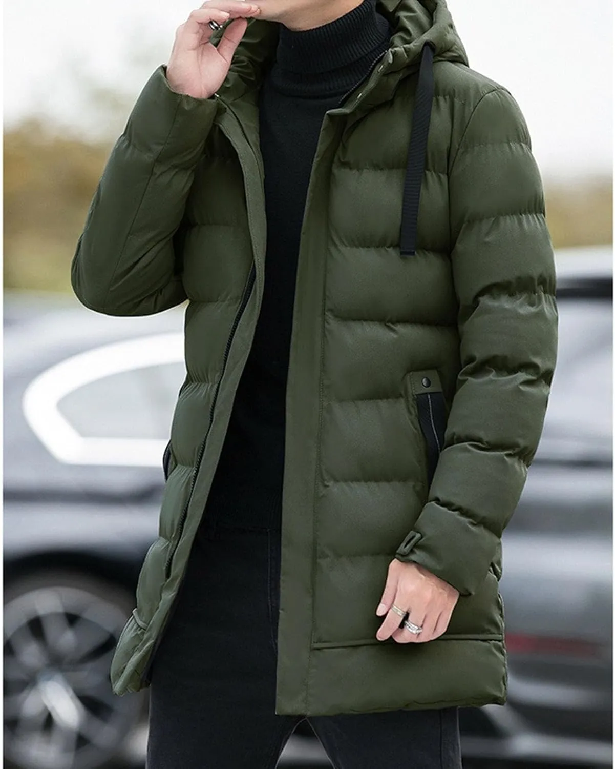 Men Mid Long Hooded Outdoor Down Coat Tour Climbs Warm Cotton-Padded Jacket High Latitudes Trendy Zipper Outerwear