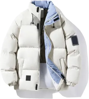 Men Patchwork Thick Puffer Jacket Parka Down Coat Stand Collar Loose Cotton-Padded Jackets