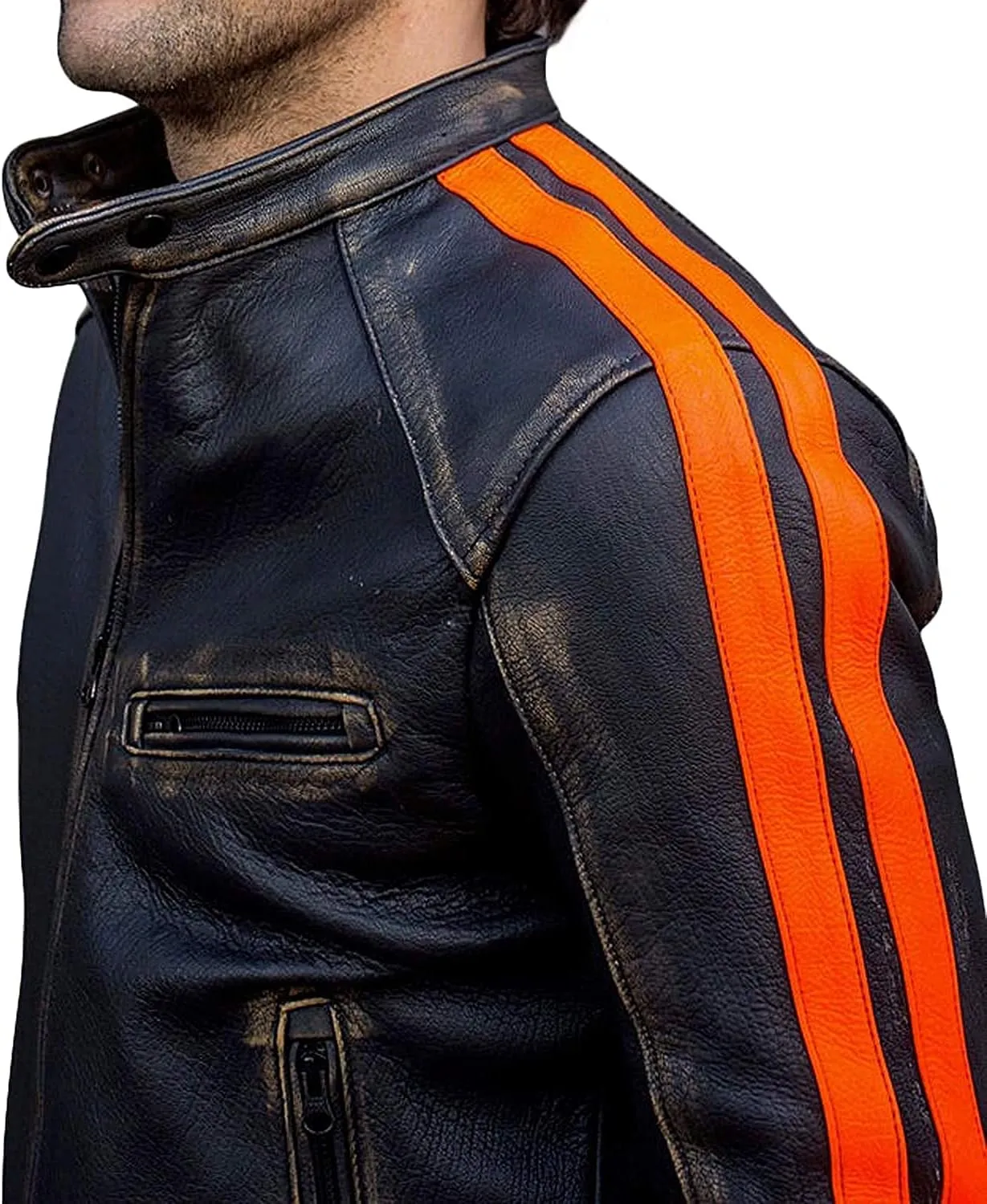 Mens Cafe Racer Motorcycle Leather Jacket Genuine Sheepskin Vintage Moto Biker Collection