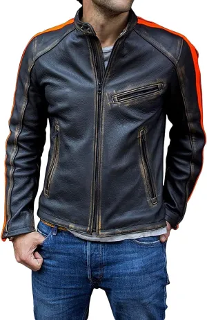 Mens Cafe Racer Motorcycle Leather Jacket Genuine Sheepskin Vintage Moto Biker Collection