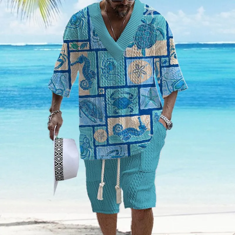 Men's Marine Organism Printed Short Sleeve Shorts Textured Set 59261905YY