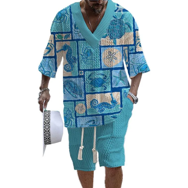 Men's Marine Organism Printed Short Sleeve Shorts Textured Set 59261905YY