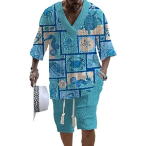 Men's Marine Organism Printed Short Sleeve Shorts Textured Set 59261905YY