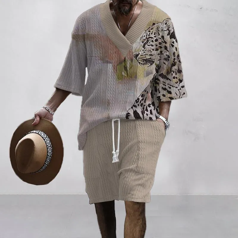 Men's Printed Short Sleeve Shorts Textured Set 00746637YY