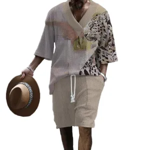 Men's Printed Short Sleeve Shorts Textured Set 00746637YY