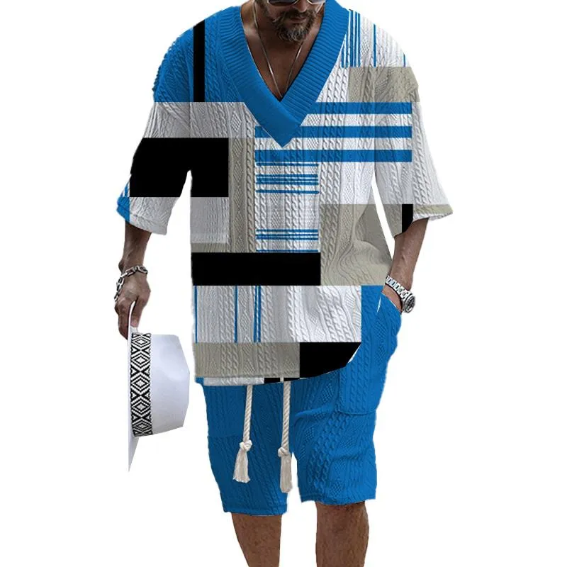 Men's Printed Short Sleeve Shorts Textured Set 12328968YM