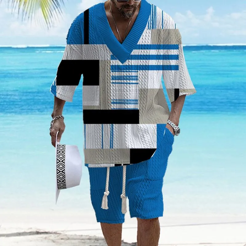 Men's Printed Short Sleeve Shorts Textured Set 12328968YM