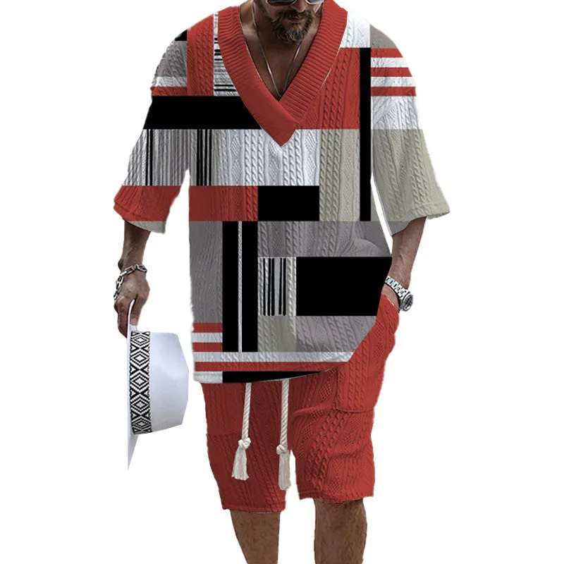 Men's Printed Short Sleeve Shorts Textured Set 12328968YM