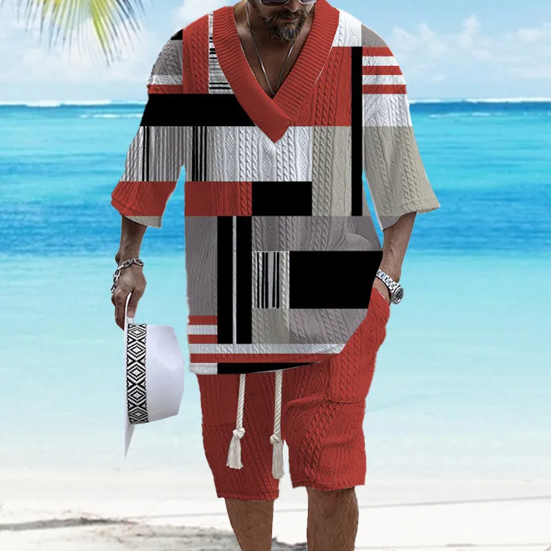 Men's Printed Short Sleeve Shorts Textured Set 12328968YM