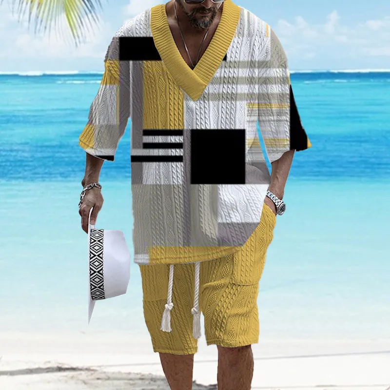 Men's Printed Short Sleeve Shorts Textured Set 12328968YM