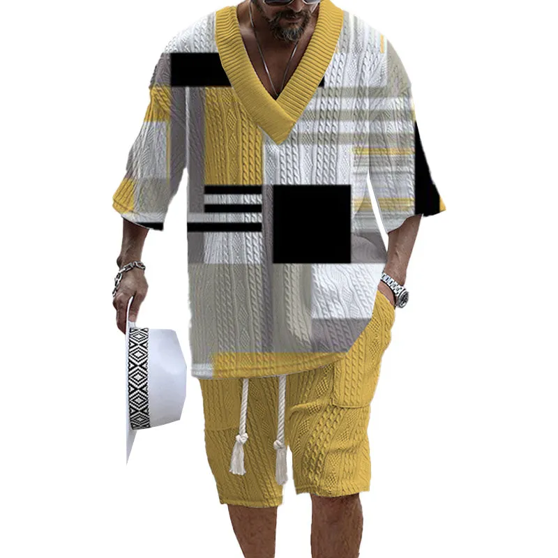 Men's Printed Short Sleeve Shorts Textured Set 12328968YM