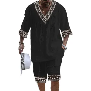 Men's Printed Short Sleeve Shorts Textured Set 15179223YY