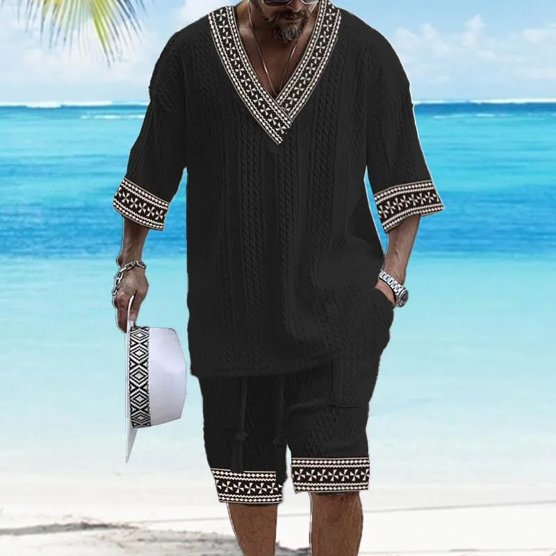 Men's Printed Short Sleeve Shorts Textured Set 15179223YY