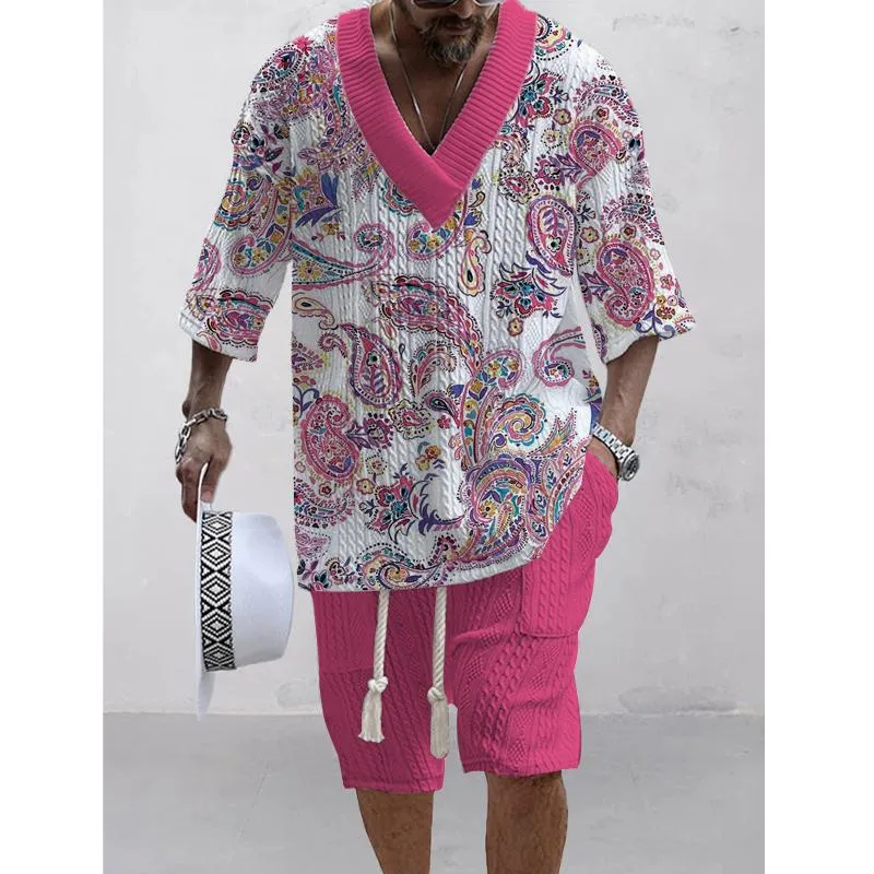 Men's Printed Short Sleeve Shorts Textured Set 48559619L